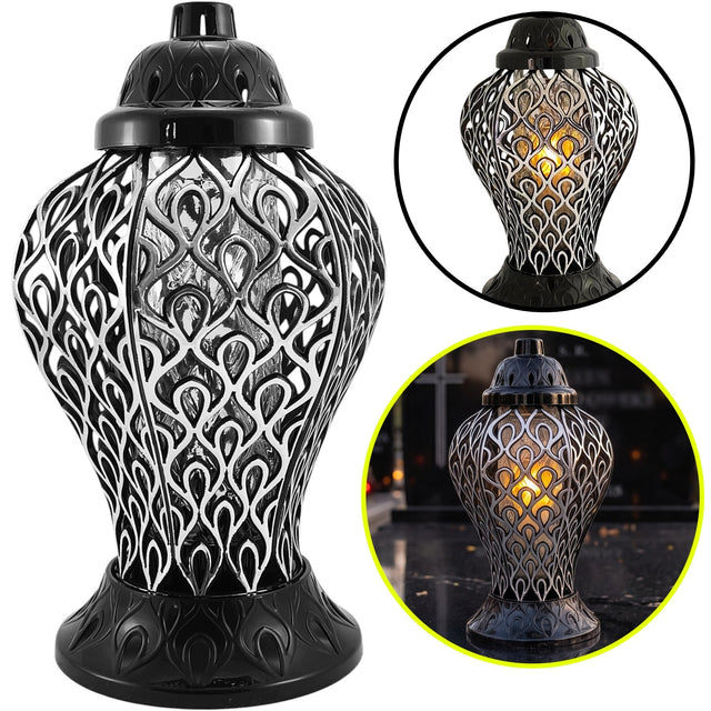 Duży znicz ażurowy na grób lampion czarno-srebrny 36 cm na cmentarz LED, dekoracja nagrobna, światło pamięci, ozdoba listopadowa
