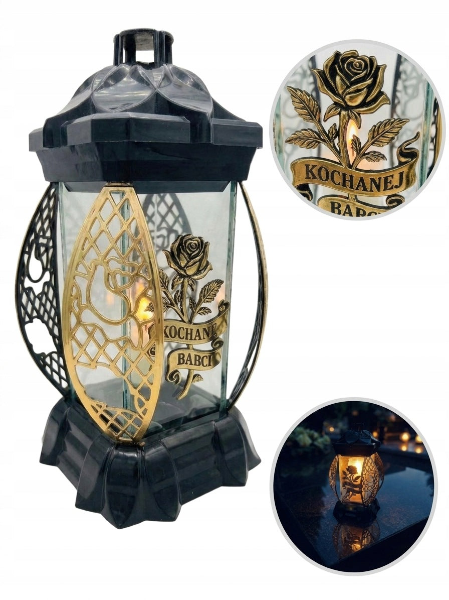 Znicz szklany kapliczka na grób cmentarz Kwiat Złoto Kochanej Babci 26 cm lampion led, dekoracja nagrobna, pamięć o