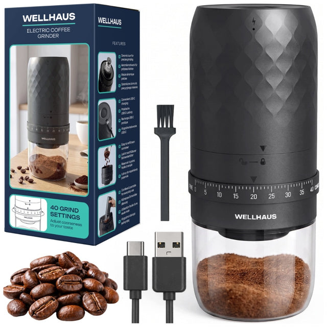 Elektryczny młynek do kawy regulacja mocny 25W akumulatorowy USB C wellhaus 30 g 25 w metal, tworzywo sztuczne mielenie kawy