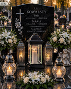 Znicz kapliczka szklany prosty lampion ze srebrnym krzyżem czarny 31cm lampka nagrobna na cmentarz, dekoracja grobu