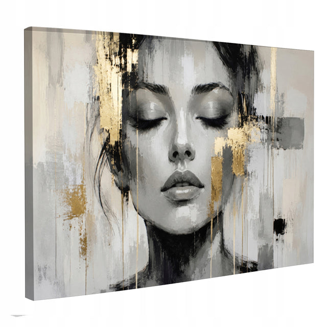 Obraz na płótnie 120x80 XXL Kobieta twarz złoto glamour do biura dekoracja ścienna, portret damski, ozdoba na ścianę, druk cyfrowy, format poziomy