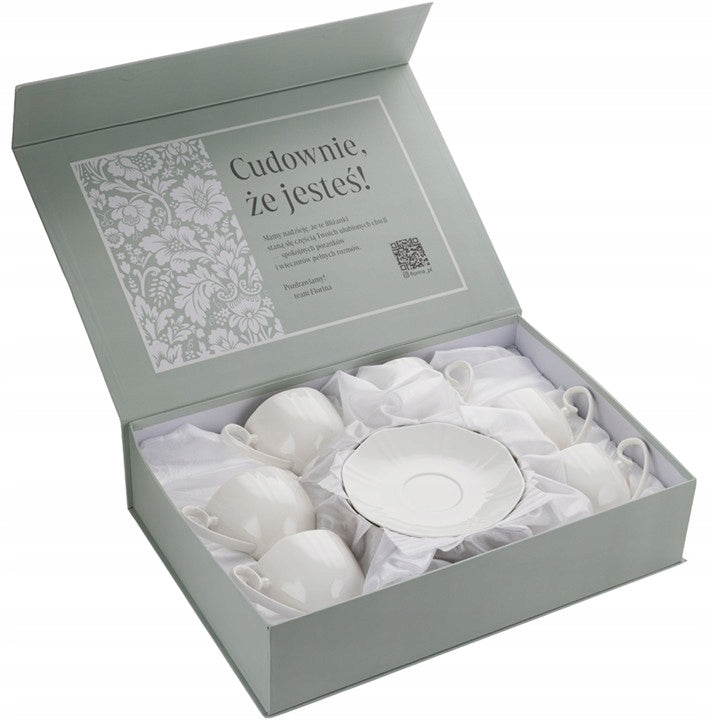 KOMPLET KAWOWY ZESTAW FILIŻANKI FLORINA ZE SPODKIEM GAMMA 330ML 12el 6sos porcelanowe kubki do herbaty, białe, gładkie