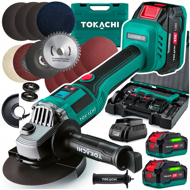 Szlifierka kątowa akumulatorowa 125mm bezszczotkowa 2xAKU 4Ah kątówka 950W do cięcia i szlifowania metalu, 21 V, masa 3,8 kg