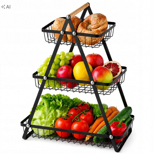 Kosz na owoce koszyk na warzywa stojak piętrowy czarny 3 poziomy metalowy organizer kuchenny na produkty spożywcze, 46,5 cm wysokości