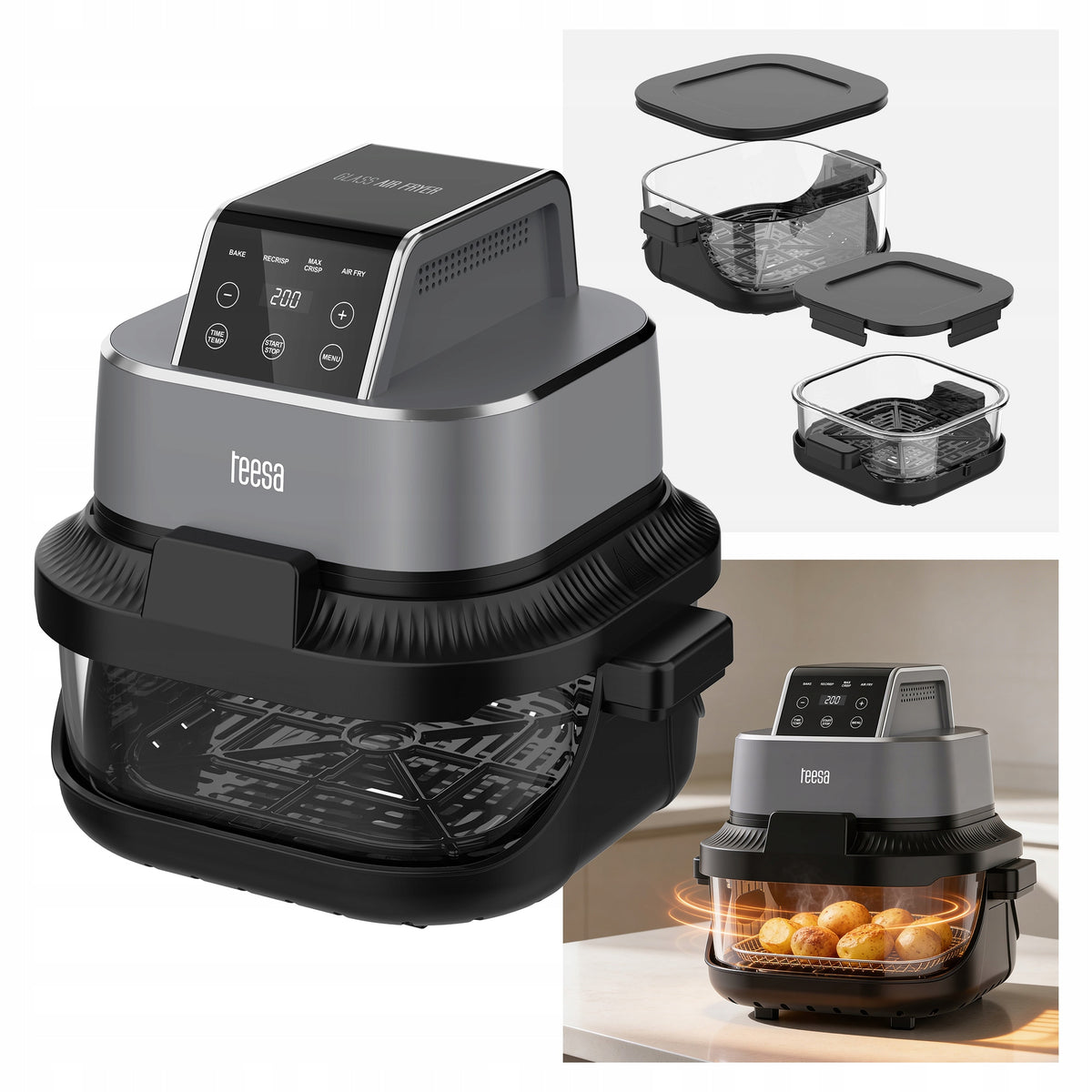 Frytkownica beztłuszczowa Teesa glass AIR fryer 1500W 2 pojemniki 1,5l / 4l czarny
