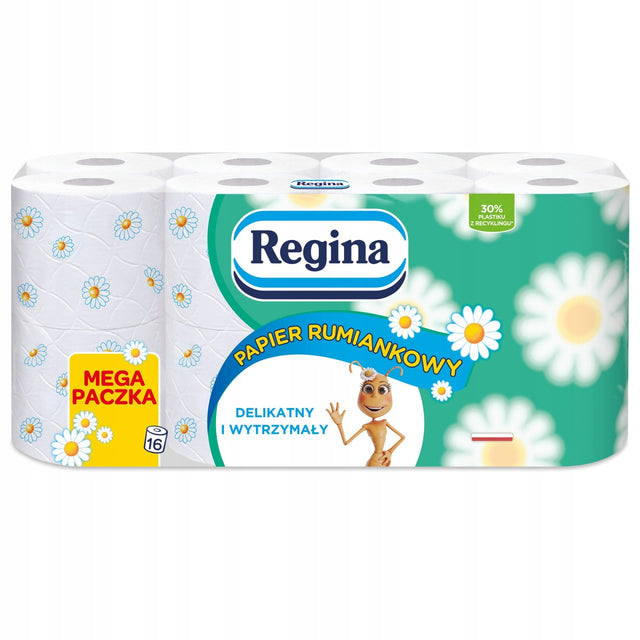 Papier toaletowy rumiankowy zapachowy Regina 16 rolek Mega paczka biały papier higieniczny celulozowy, 3-warstwowy, 150 listków na rolce, do łazienki