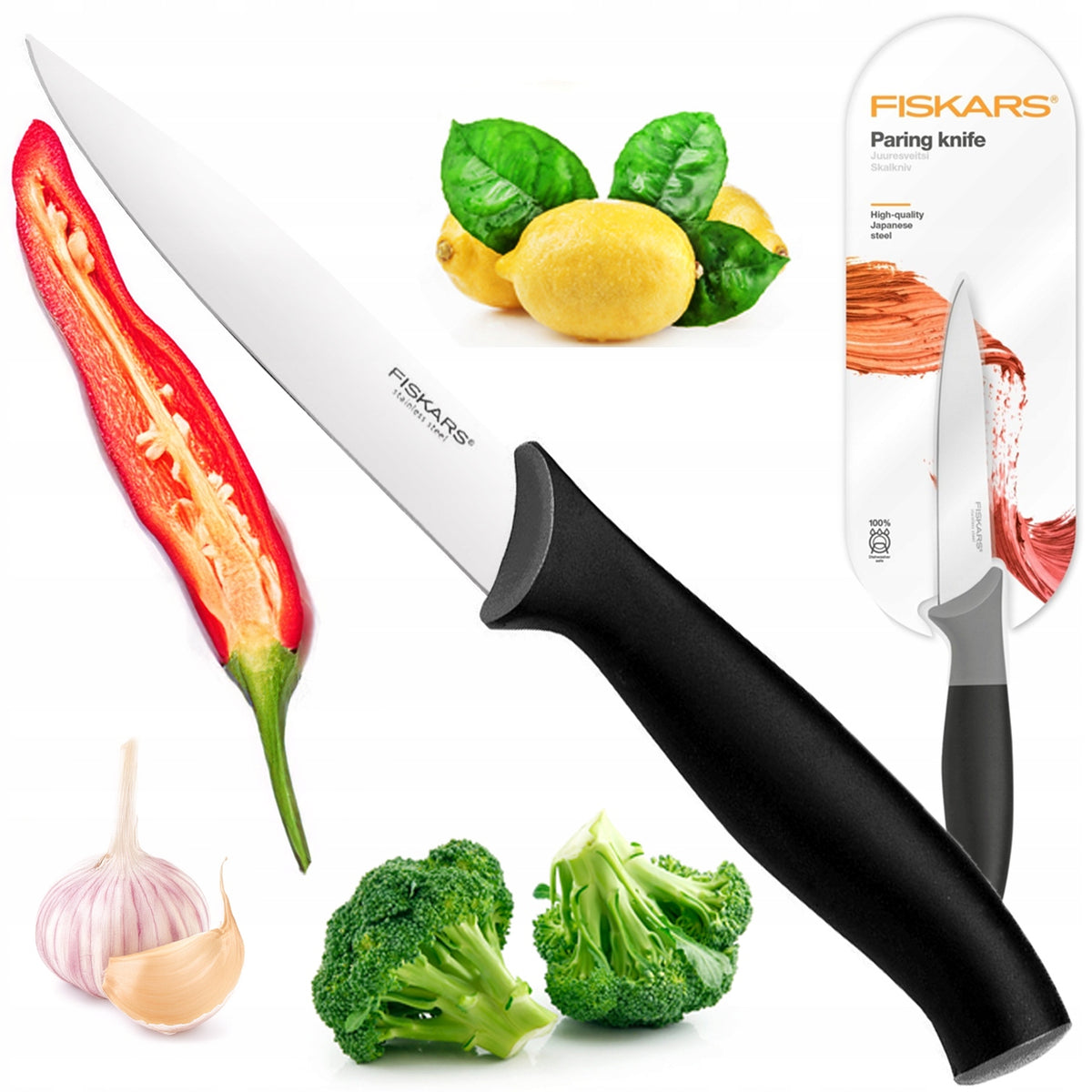 FISKARS NÓŻ KUCHENNY DO KROJENIA OBIERANIA WARZYW OWOCÓW OSTRY STAL 11cm nożyk jarzynowy, plastikowy uchwyt