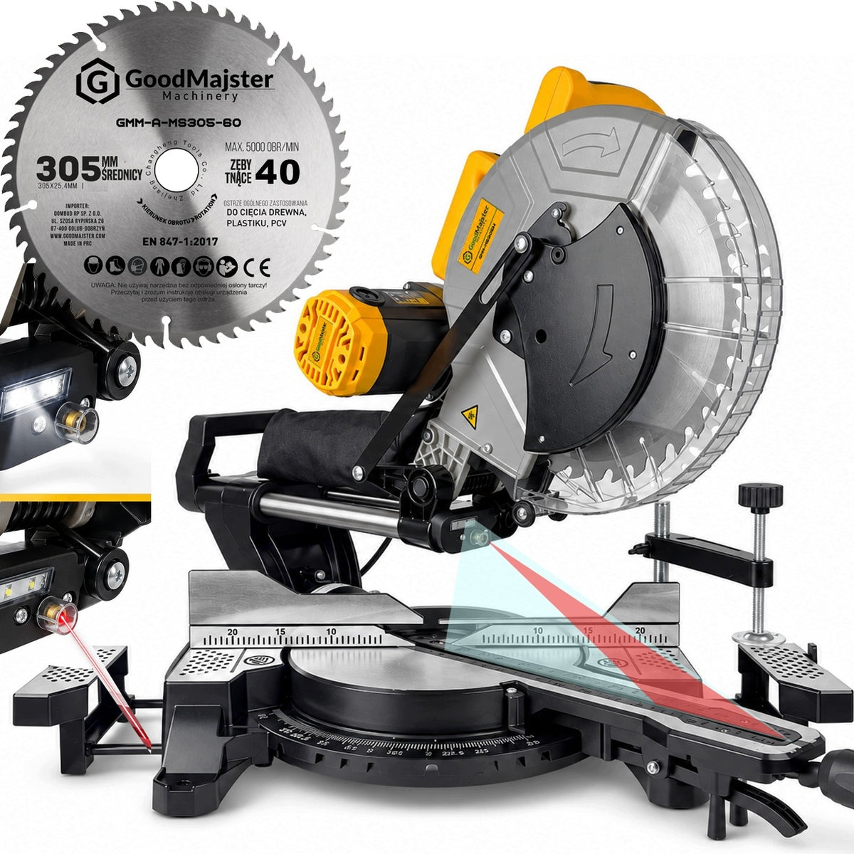 Piła ukośnica z posuwem laser + LED pilarka ukosowa 2000W 305mm GMM-MS305H