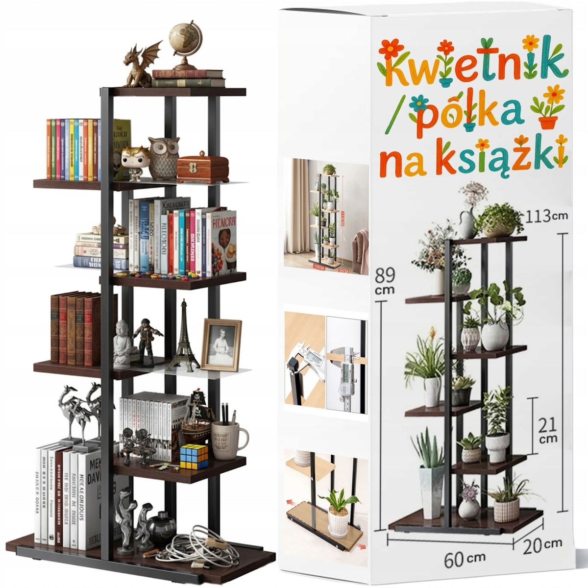Kwietnik stojak na rośliny kwiaty doniczki metalowy regał drewniane półki 6 miejsc, 113 cm wysokości, loftowy, beżowy