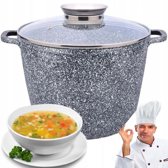 Duży garnek marmurowy z pokrywka indukcja GAZ non-stick aroma knob 28cm 10l do piekarnika, na kuchnię ceramiczną i elektryczną, aluminiowy