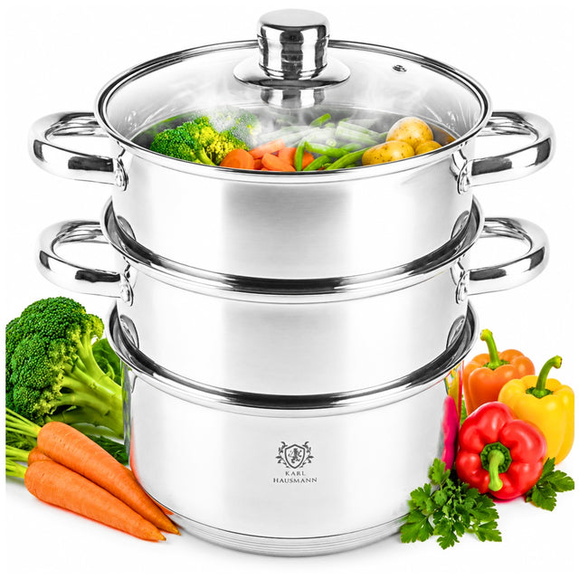 Garnek do gotowania na parze parowar 4,3l 22cm garnek indukcja GAZ garnki 4.3 l srebrny wkład parowy do warzyw ryb pierogów 3 poziomy do zmywarki