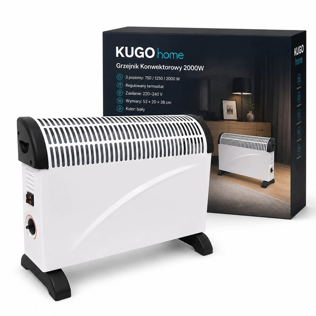 Grzejnik Elektryczny Konwektorowy 2000W Farelka Energooszczędny Termostat 53 mm 38 mm grzewcza biały