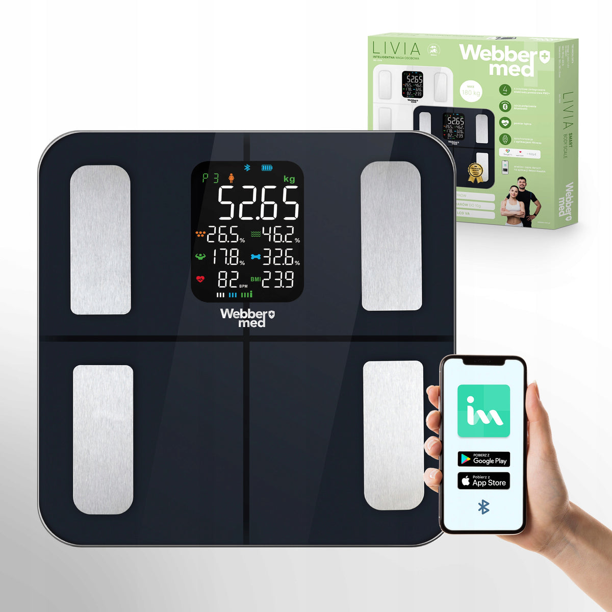 Waga Łazienkowa Analityczna 16 Parametrów Apple Health, Google Fit, IF1320C elektroniczna czarny