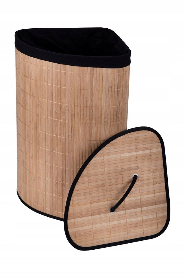 Bambusowy kosz na pranie narożny 66l bamboo czarny wkład pojemnik na brudną odzież, bieliznę, wolnostojący 33x33x60 cm