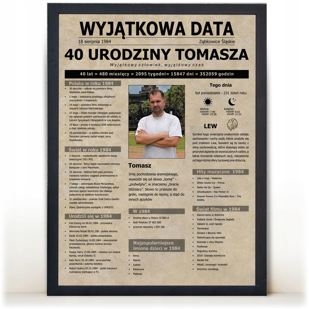 Gazeta urodzinowa w czarnej ramie, personalizowany rocznik o jubilacie, A3 plakat okolicznościowy, pamiątka dla