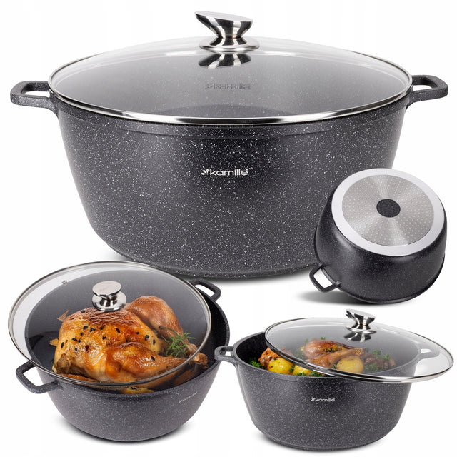 Garnek duży 13,5 L tradycyjny marmurowy kociołek pokrywa indukcja kamille aluminiowy 36 cm, do piekarnika, zmywarki, na gaz i kuchnię ceramiczną