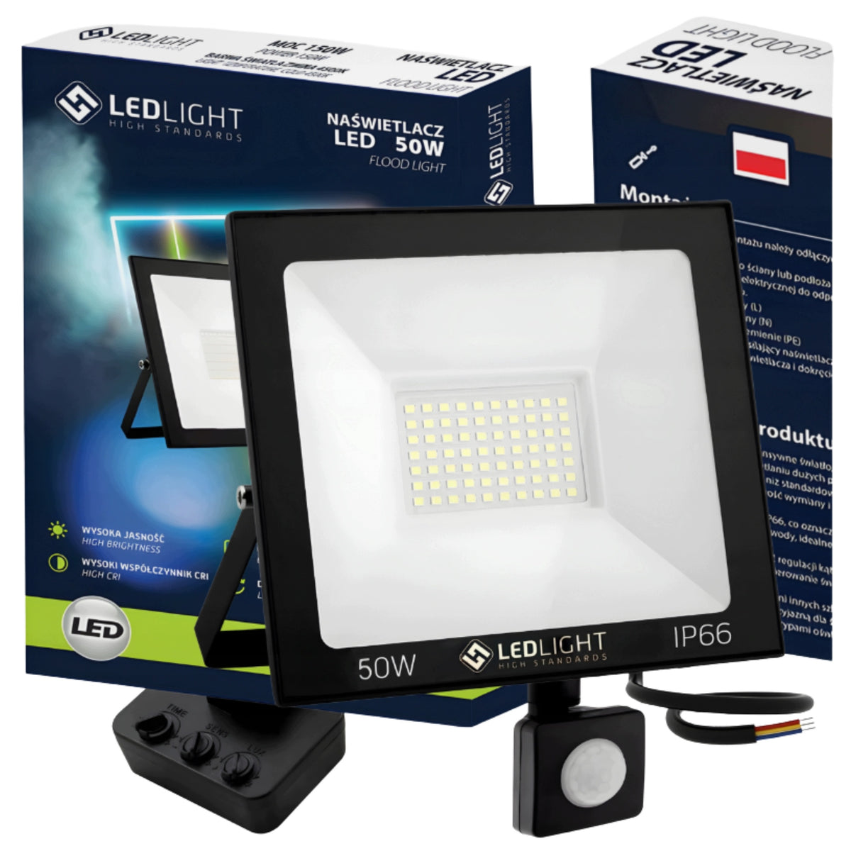 Halogen LED z czujnikiem ruchu 50W lampa Reflektor Naświetlacz zewnętrzny do ogrodu, podjazdu i elewacji, 5000 lm, 6500