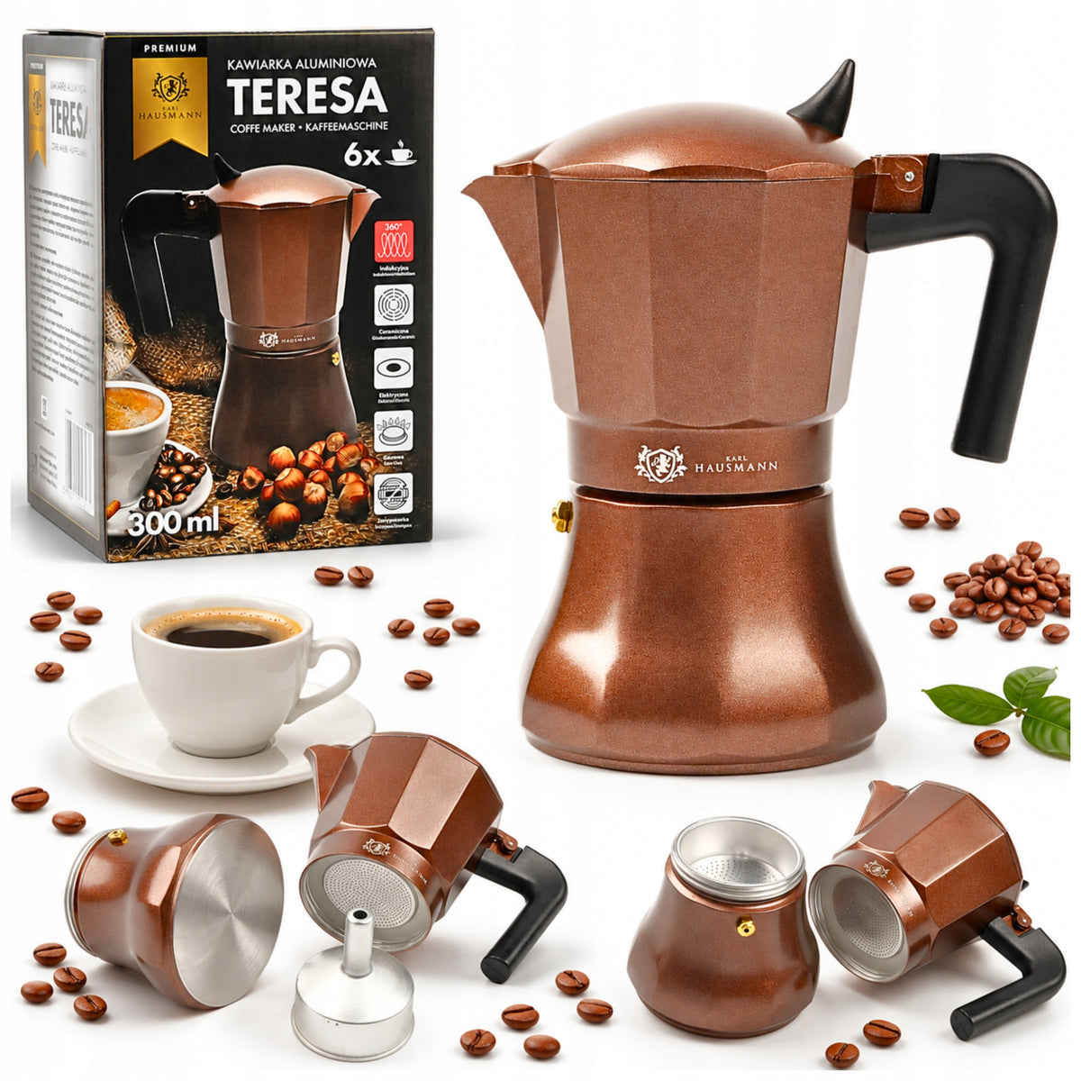 Kawiarka zaparzacz do kawy herbaty 300ml brązowa pełna indukcja 6 filiżanek moka aluminiowa, możliwość mycia w
