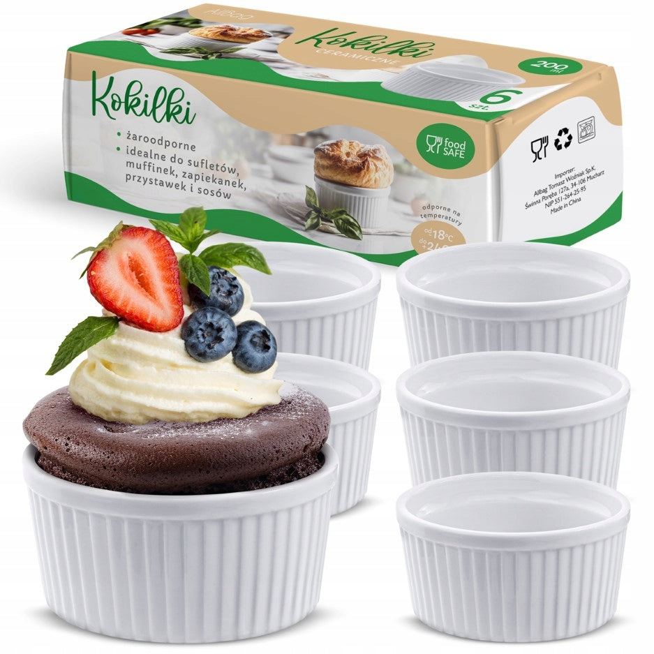 Zestaw 6 szt. kokilka żaroodporne naczynie do zapiekania 0,2l okragłe miski porcelanowe ramekiny, suflet, deser