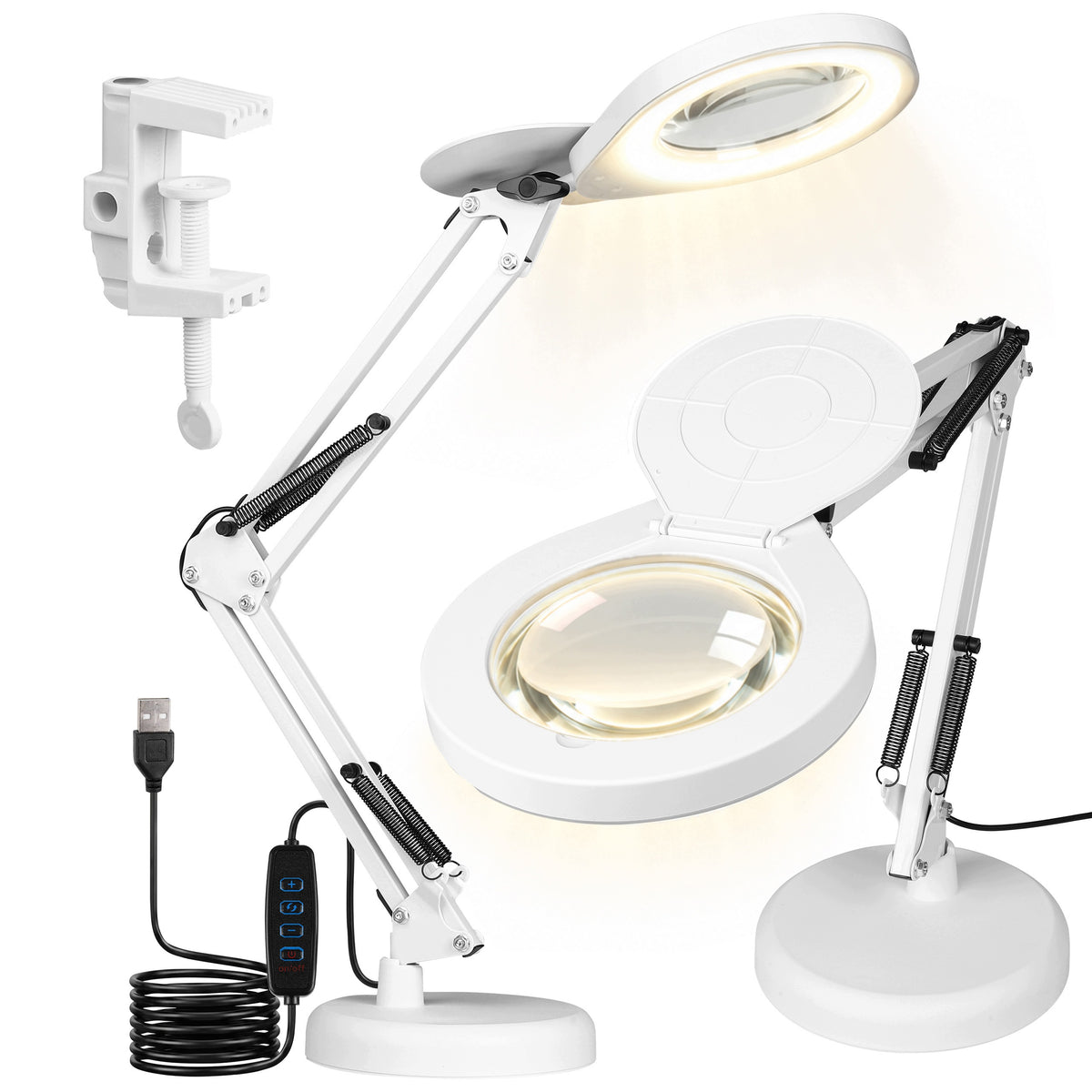 Lampka LED Kosmetyczna Lupa Szkło Powiększające na Biurko do paznokci manicure, gwint E27, zasilanie sieciowe, biała