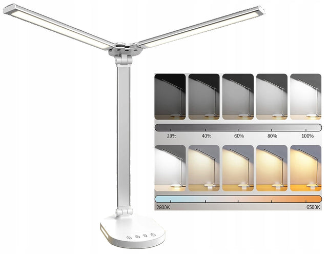 Lampa biurkowa LED podwójna mocna + ładowarka na biurko biała sterowana do pracy i nauki, regulacja jasności, ściemnianie, 14 w, wysokość 41 cm