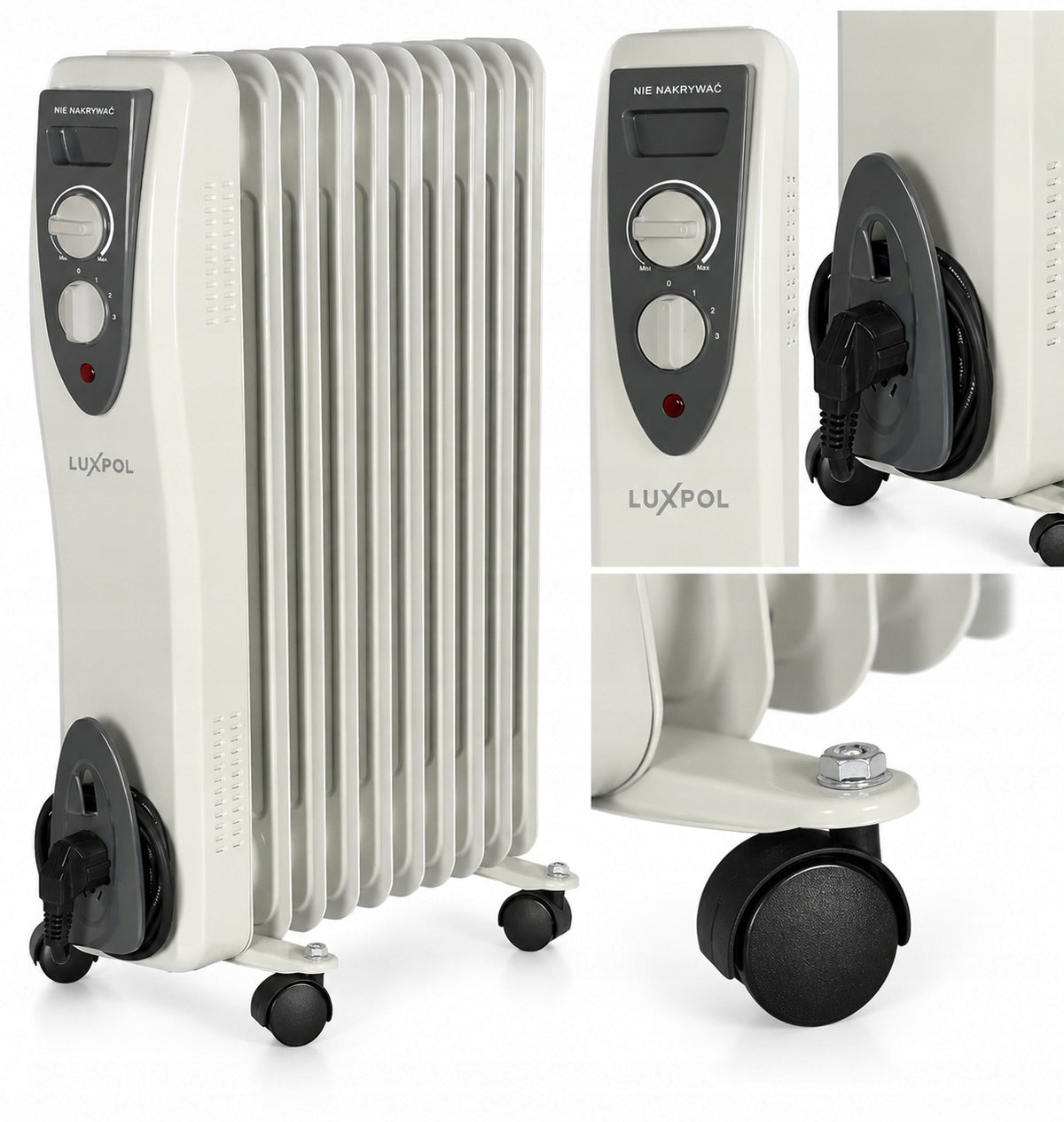 Grzejnik olejowy luxpol 9 żeberek wydajny 2000 w biały kaloryfer elektryczny na kółkach, lampka kontrolna, ochrona