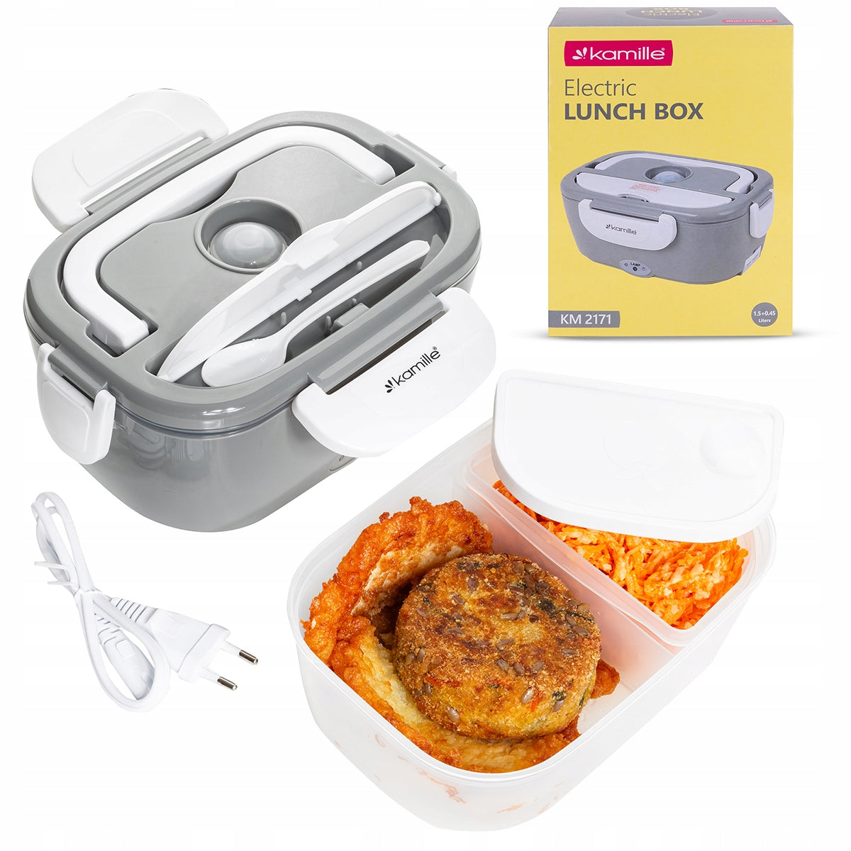 Elektryczny lunch BOX termos obiadowy śniadanówka kamille 1,5 L pojemnik na żywność do pracy i szkoły, biało-szary