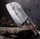 NÓŻ TASAK KUCHENNY DO MIĘSA OSTRY SOLIDNY RĘCZNY KUTY CHEF siekacz, stalowe ostrze 19,8 cm, drewniany uchwyt