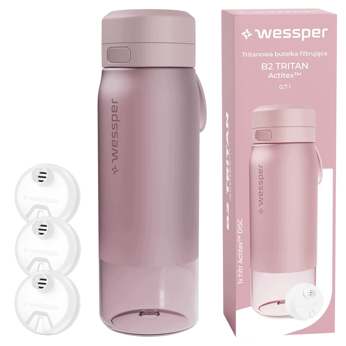Butelka filtrująca bidon na wodę tritan Wessper B2 Actitex 0,7l + 3x filtr różowy