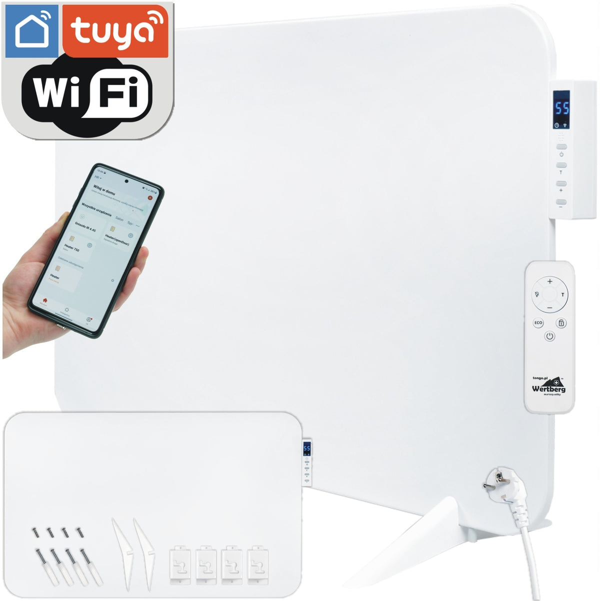 grzejnik łazienkowy promiennik na podczerwień Wertberg IR 5.50 WiFi + pilot elektryczny 70 mm 45 mm grzewcza biały