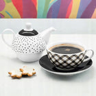 Dzbanek Filiżanka Spodek Porcelana Komplet 3w1 Imbryk do Kawy Herbaty czajniczek 320 ml, biało-czarny, można myć w