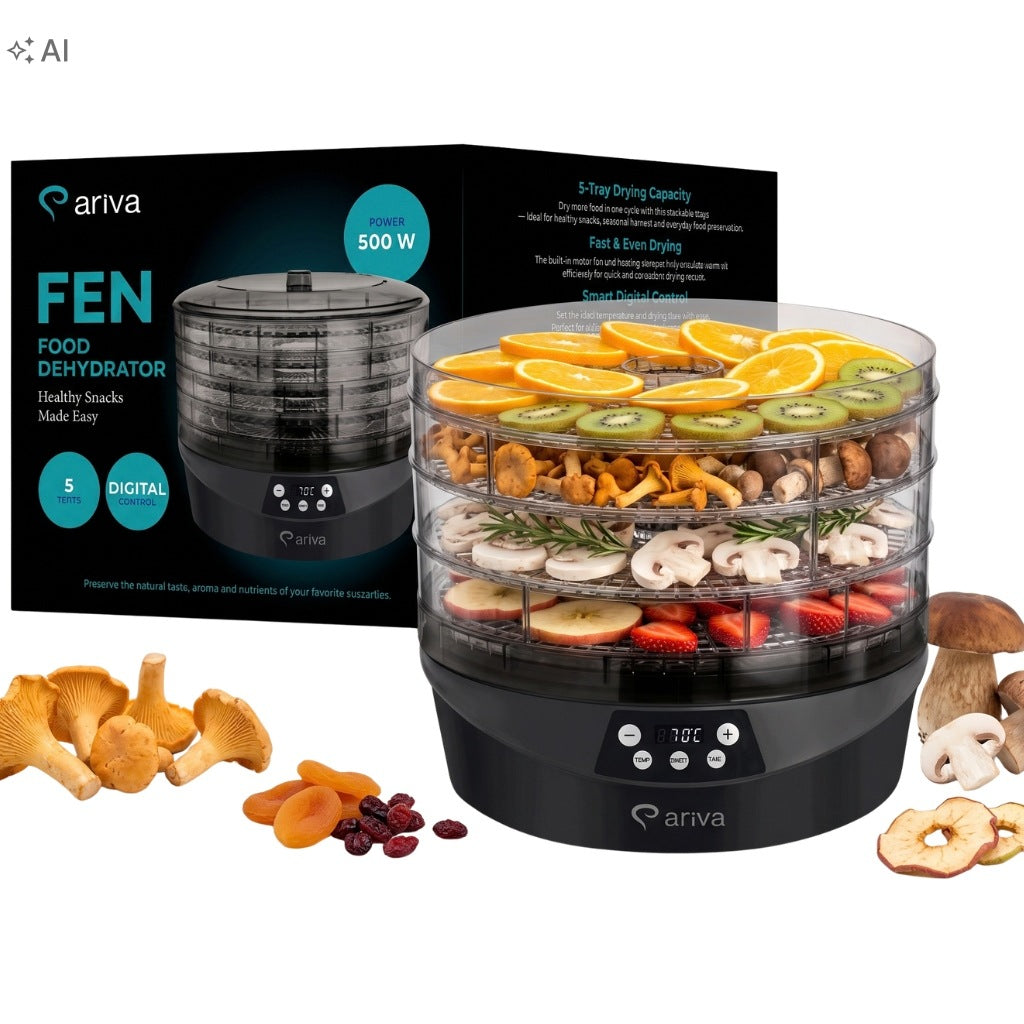 Suszarka do Grzybów Owoców Duża Ø34cm ariva FEN 500W 5 Tac XXL Timer Dehydrator żywności do ziół i warzyw, regulacja