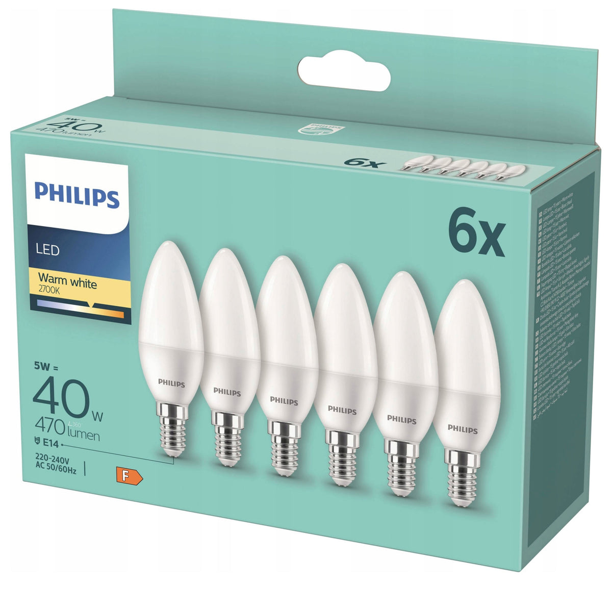 6x Żarówka LED philips świeczka E14 5W = 40W 470 lumenów barwa ciepła 2700K do lamp i kinkietów, mały gwint, ciepłe
