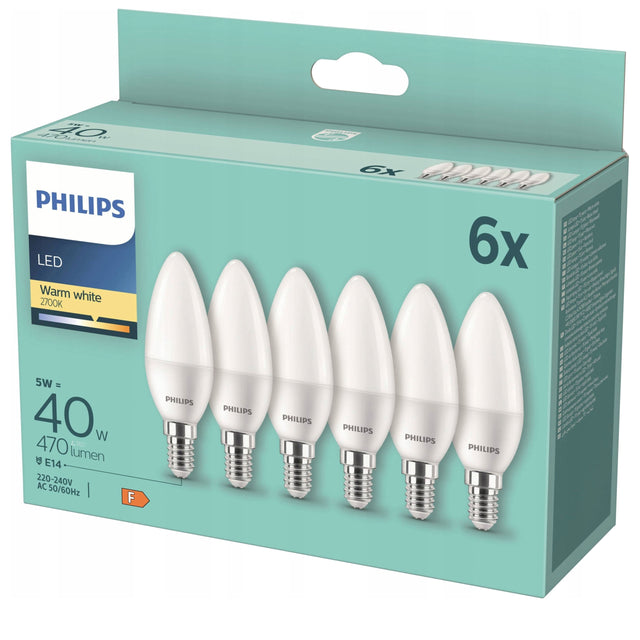 6x Żarówka LED philips świeczka E14 5W = 40W 470 lumenów barwa ciepła 2700K do lamp i kinkietów, mały gwint, ciepłe białe światło