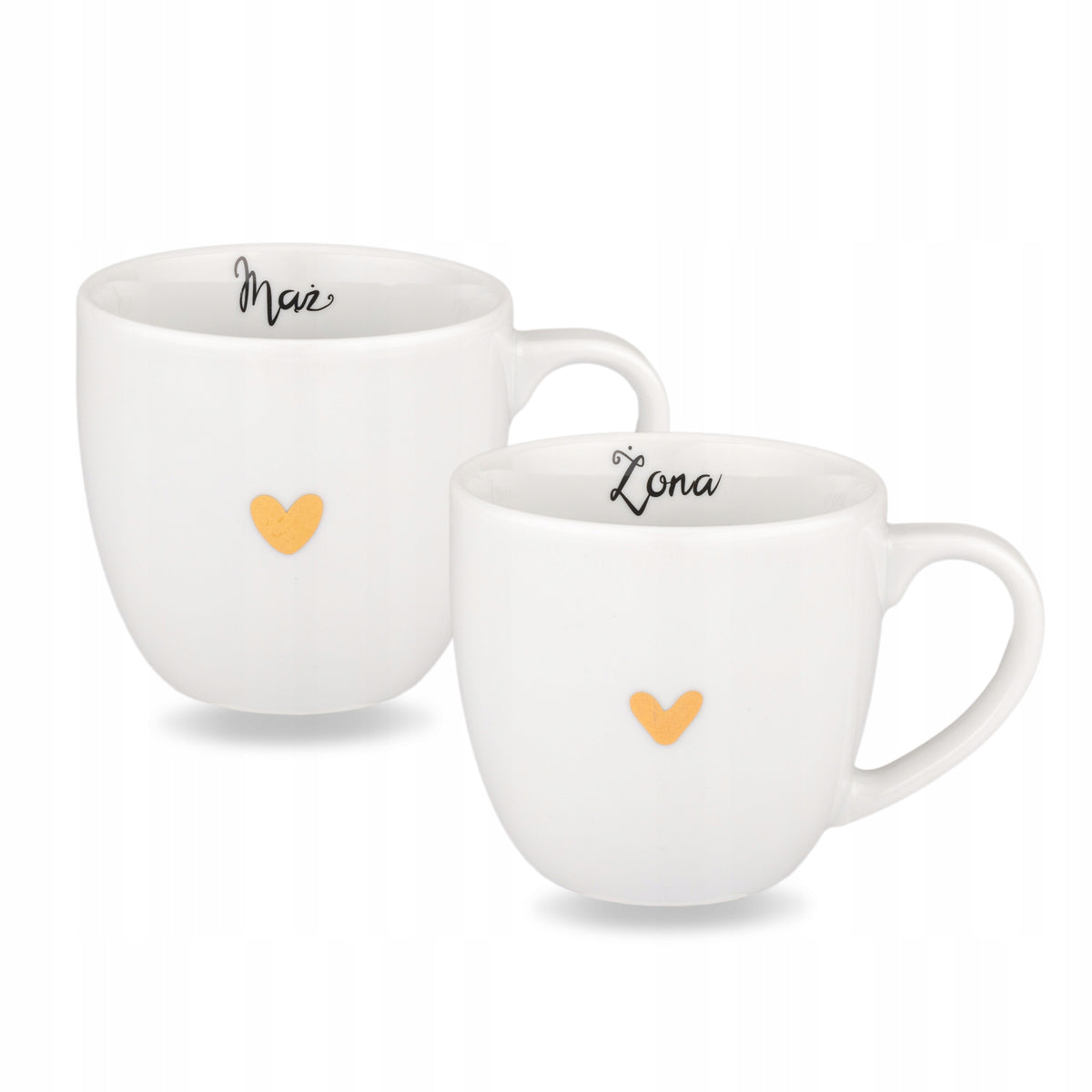 Zestaw kubków 300 ml - Mąż Żona Złote serce Prezent dla pary młodej na ślub porcelanowe, personalizowane, do kawy i