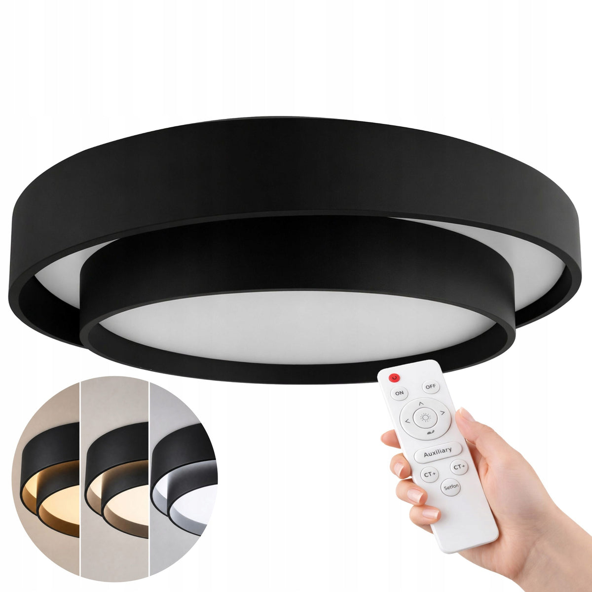 Lampa sufitowa okrągła klasyczna plafon czarny 50cm + pilot 3 kolory LED oprawa do salonu i sypialni, zmienna barwa