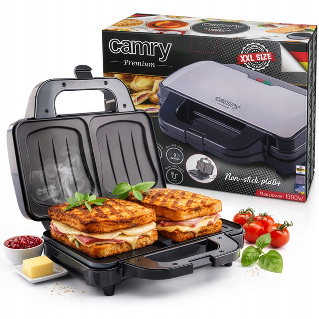 Opiekacz do kanapek toster sandwich elektryczny XXL powłoka non-stick 1300W nominalna srebrny/szary