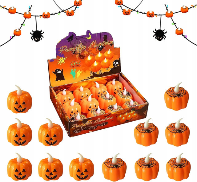 Świece LED Halloween Dynia 12 sztuk 45 x 45 mm Pomarańczowe Bezpłomieniowe lampki dekoracyjne, ozdoba stołu na przyjęcie tematyczne