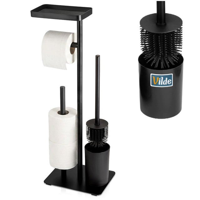 Stojak łazienkowy szczotka WC silikonowa na papier toaletowy telefon 3w1 uchwyt wolnostojący metalowy czarny 65 cm