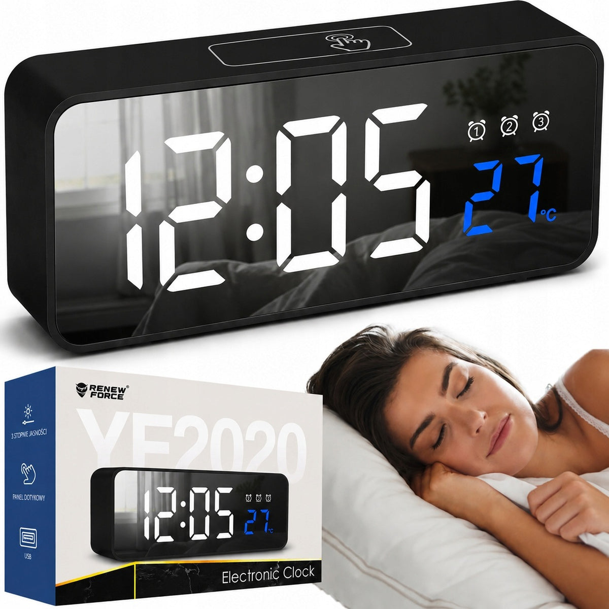 Zegar elektroniczny budzik LED nowoczesny design wysoka funkcjonalność cyfrowy alarm stołowy czarny akumulatorowy do