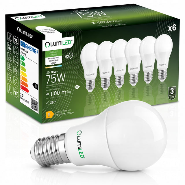 6x Żarówka LED E27 A60 10W = 75W 1100lm 4000K 260° lumiled NIE mruga źródło światła do lamp, neutralna biel, zamiennik tradycyjnej