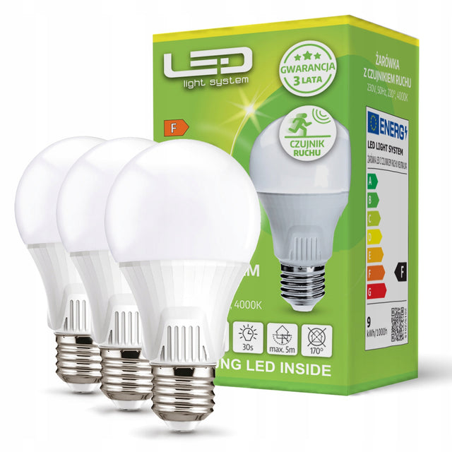 3x Żarówka LED 9W Czujnik Ruchu Zmierzchu 4000K Neutralna źródło światła E27, tradycyjny kształt, do lamp i opraw