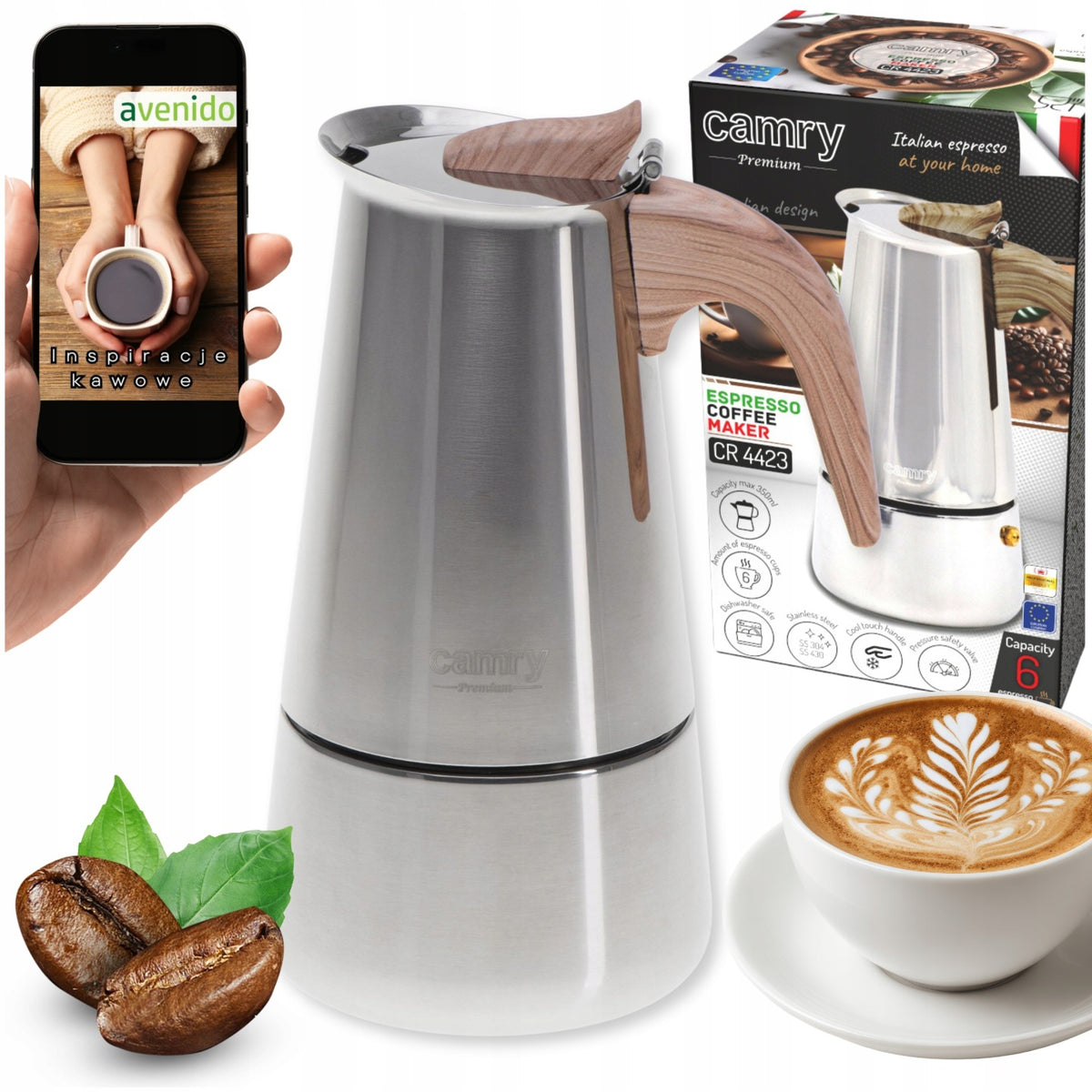 Kawiarka zaparzacz do kawy espresso Działa na Indukcja Gaz Stalowa 350ml moka, kafetiera, 6 filiżanek, srebrna, można