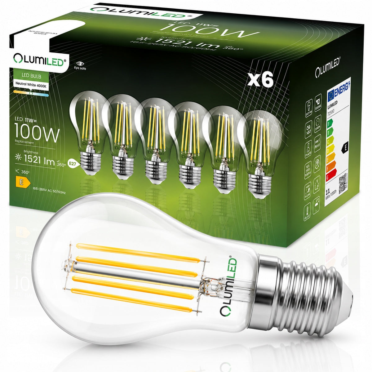 6x Żarówka LED E27 A60 11W = 100W 1521lm 4000K Neutralna 360° filament gwintu 11 w 1 szt.