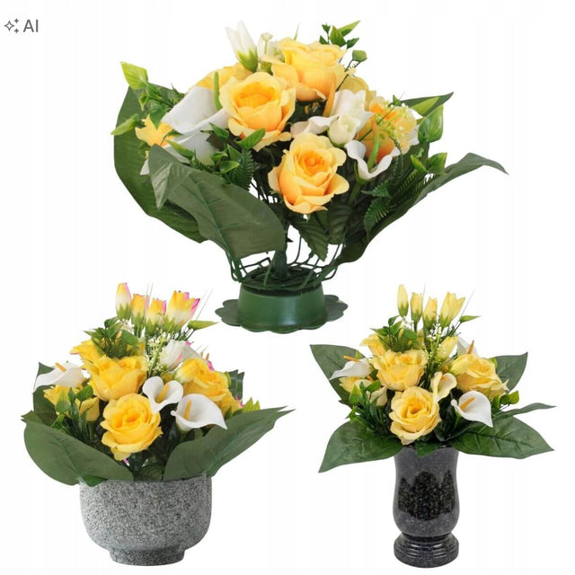 Sztuczne kwiaty na pomnik kompozycja nagrobkowa wiązanka róże żółte białe dekoracja na grób, stroik cmentarny, 27 cm