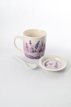 Kubek z łyżeczką+ spodek filiżanka ceramiczna 300 ml w kwiaty, kolorowe naczynie do kawy i herbaty, opakowanie