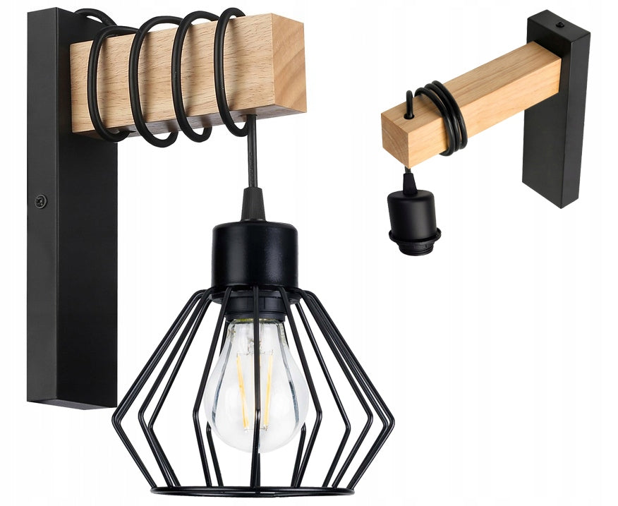 Lampa Kinkiet Ścienny drewniany LED Zwis na kablu klosz 1xE27 loft Czarny oprawa dekoracyjna do sypialni i salonu, 1