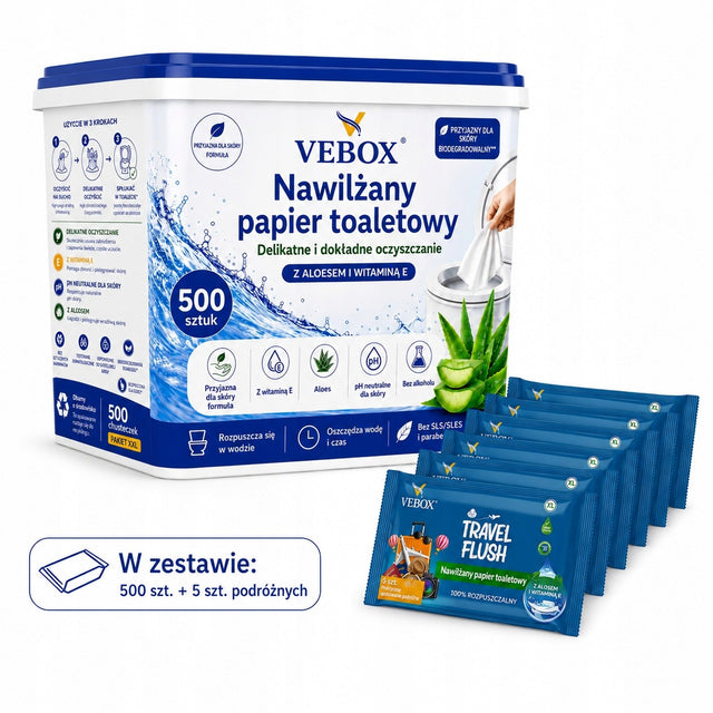 Nawilżany Papier Toaletowy Vebox XXL 500 szt. Aloes Witamina E Spłukiwalny chusteczki higieniczne celulozowe, 2-warstwowe do higieny intymnej