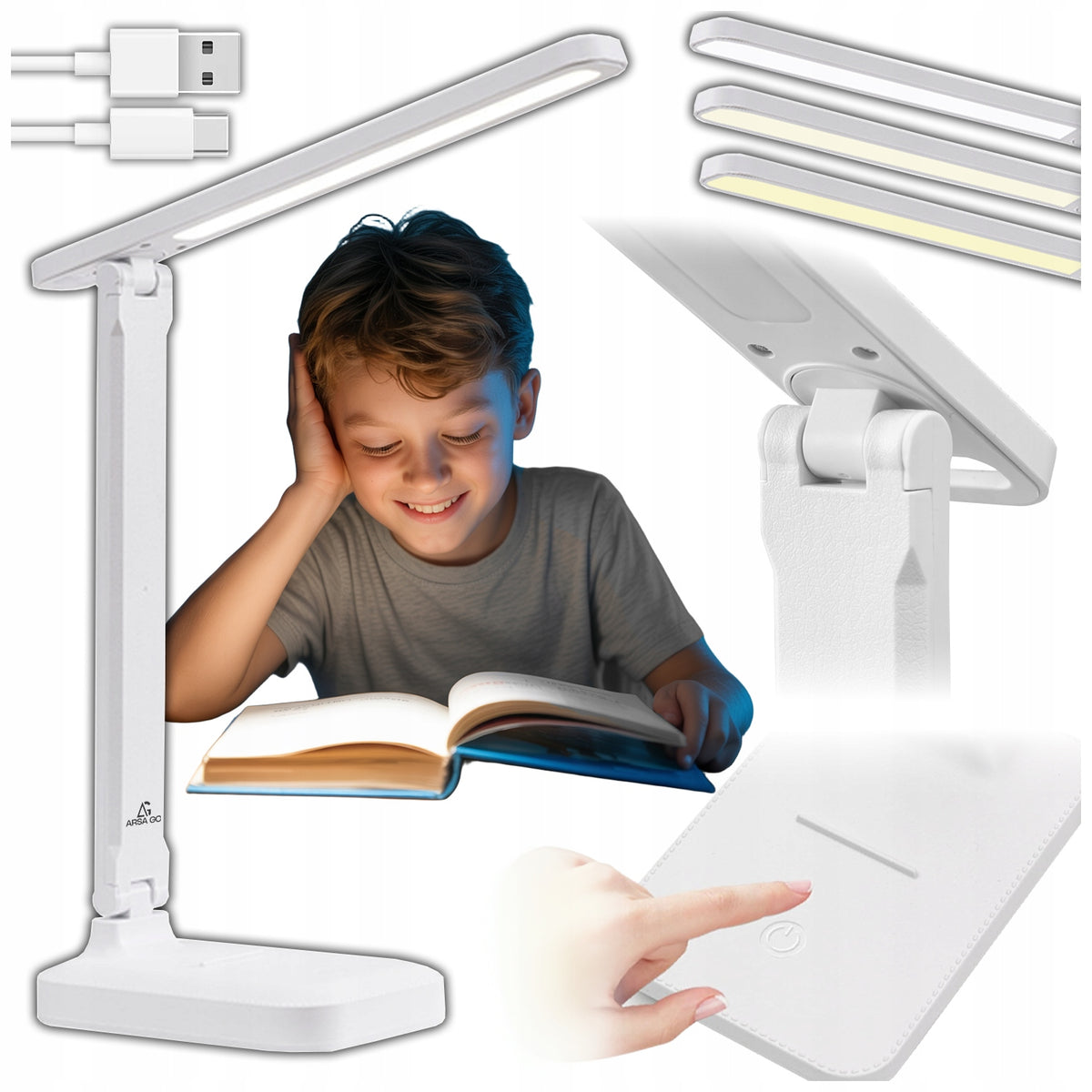 LAMPKA BIURKOWA LED BEZPRZEWODOWA AKUMULATOROWA NA BIURKO SZKOLNA BIAŁA USB lampa stołowa do czytania, ściemniana