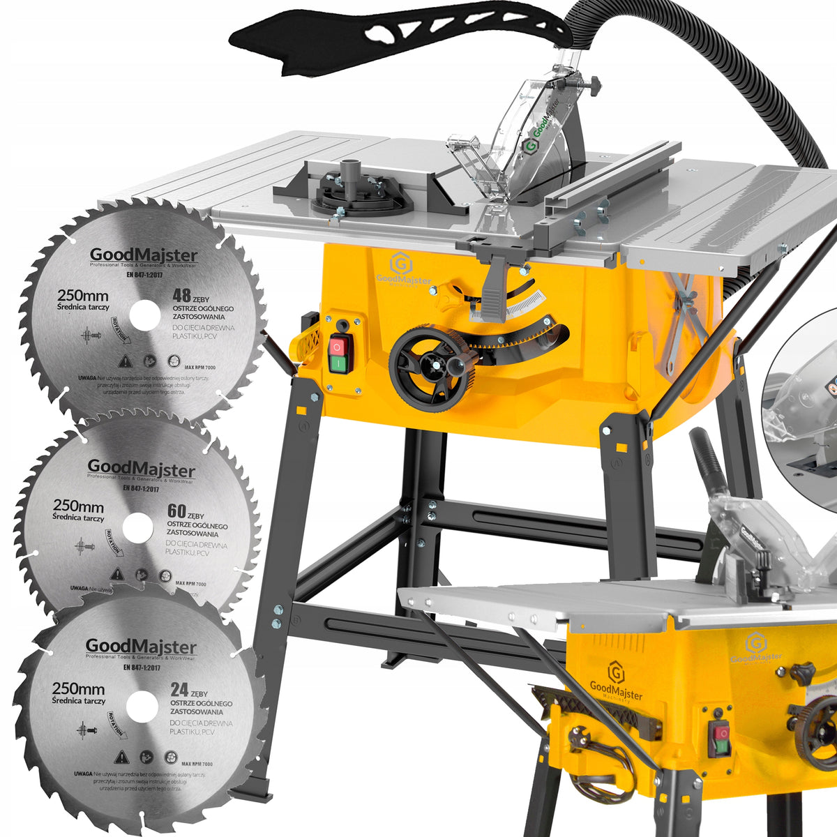 Piła stołowa krajzega pilarka 3000W 250mm GoodMajster + 3 tarcze PRO do cięcia drewna, wysokość cięcia 84 mm, 5000
